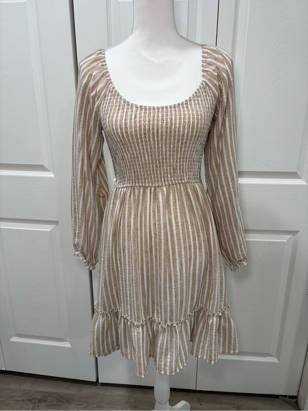 Striped Smocked Waist Long Sleeve Dress in Light Beige